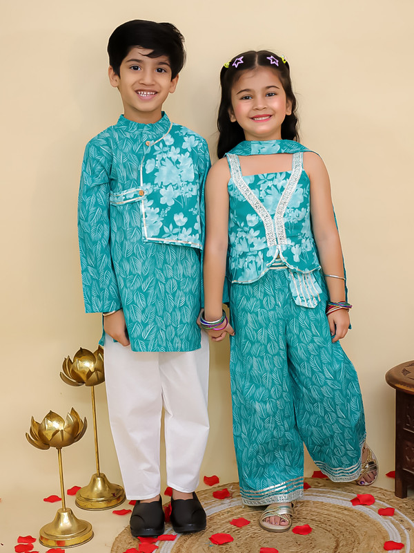 Cotton Leaf Printed Kurta Pyjama Set Full sleeves Kurta Pajama Set For Boys - Picture 9 of 27