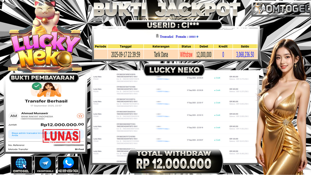OMTOGEL JACKPOT PGSOFT LUCKY NEKO 12 JUTA DI BAYAR LUNAS ,-