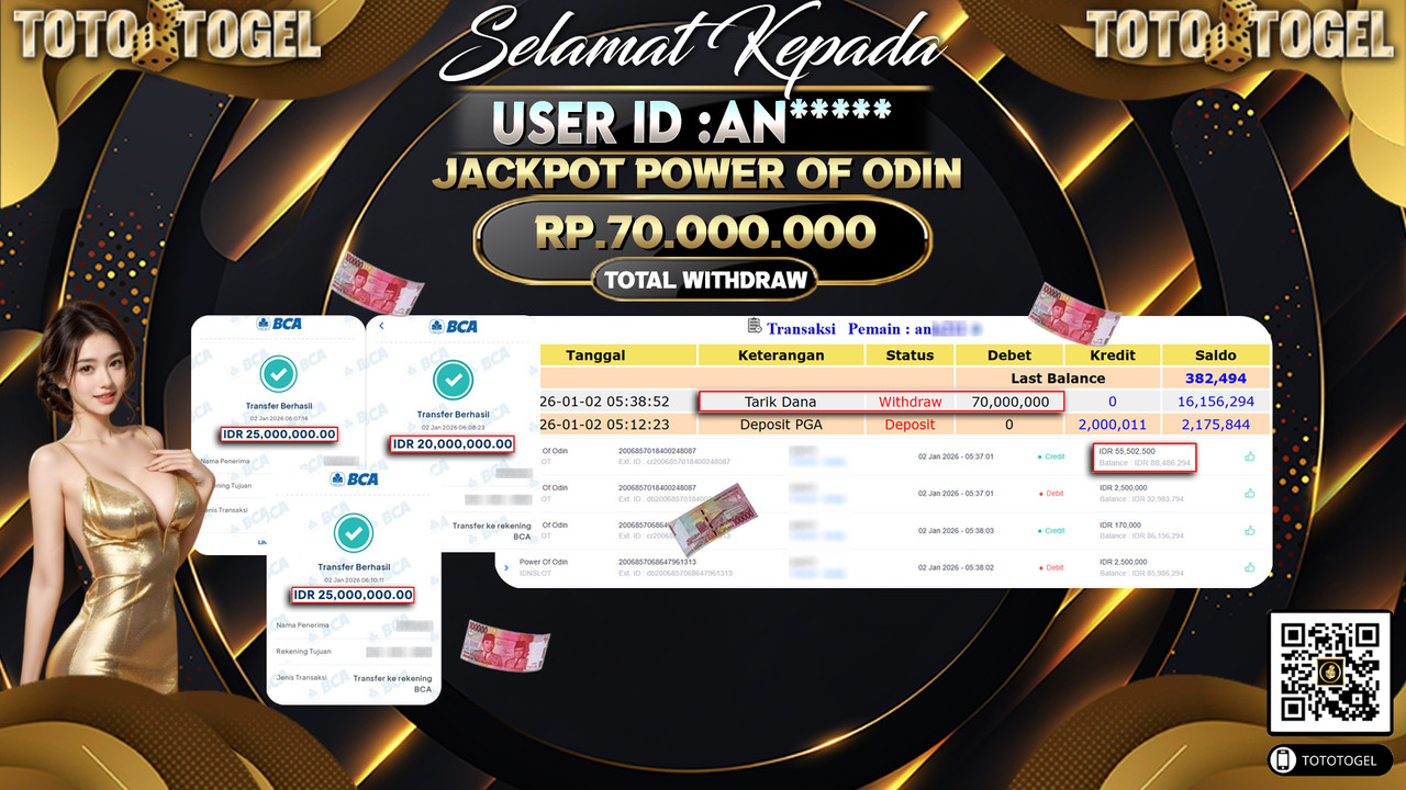 Bukti Pembayaran Jackpot Permainan Slot Power Of Odin ID:AN**** LUNAS