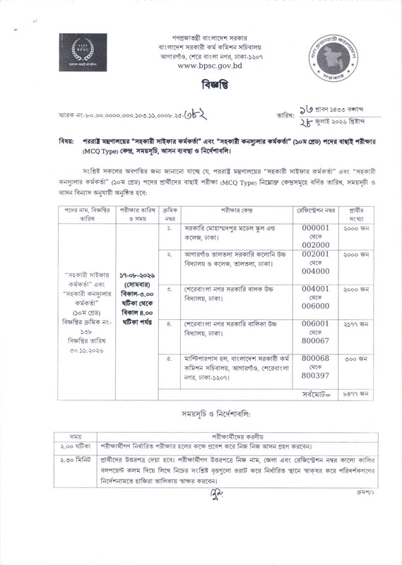 BPSC-Non-Cadre-Assistant-Cipher-Officer-and-Assistant-Consular-Officer-Exam-Seat-Plan-2026-PDF-1
