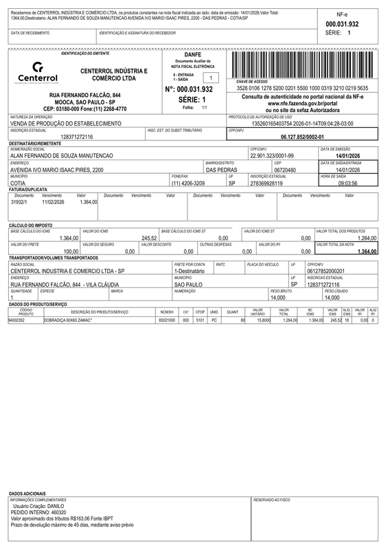 NFe35260106127852000201550010000319321002195635 pdf