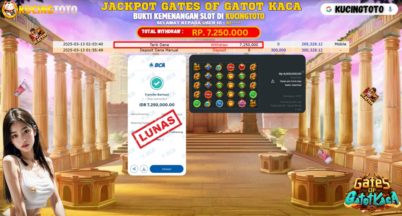 KUCINGTOTO JACKPOT SLOT GATES OF GATOT KACA RP.7.250.000.,- LUNAS