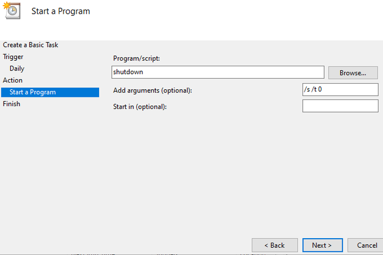 Tampilan Task Scheduler untuk mengetikkan perintah shutdown otomatis.