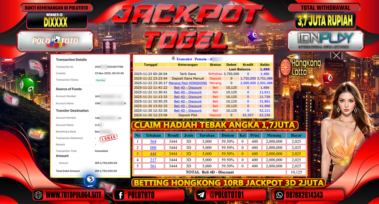 POLOTOTO JACKPOT TOGEL MENANG HONGKONG LOTTO Rp.3.700.000,- LUNAS
