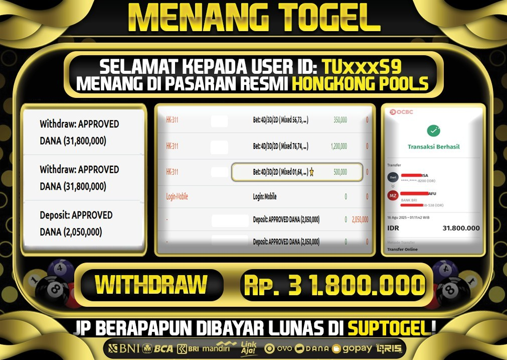  BUKTI KEMENANGAN 15 AGUSTUS 2025 MENANG DI PASARAN HONGKONG POOLS TOTAL WD 31.8 JUTA