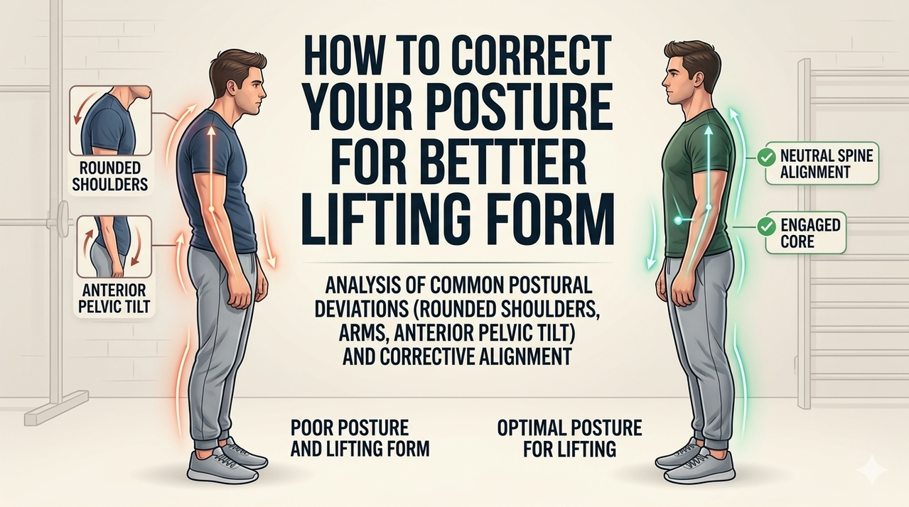 Diagram showing common postural deviations (rounded shoulders, anterior pelvic tilt) for how to correct your posture for better lifting form