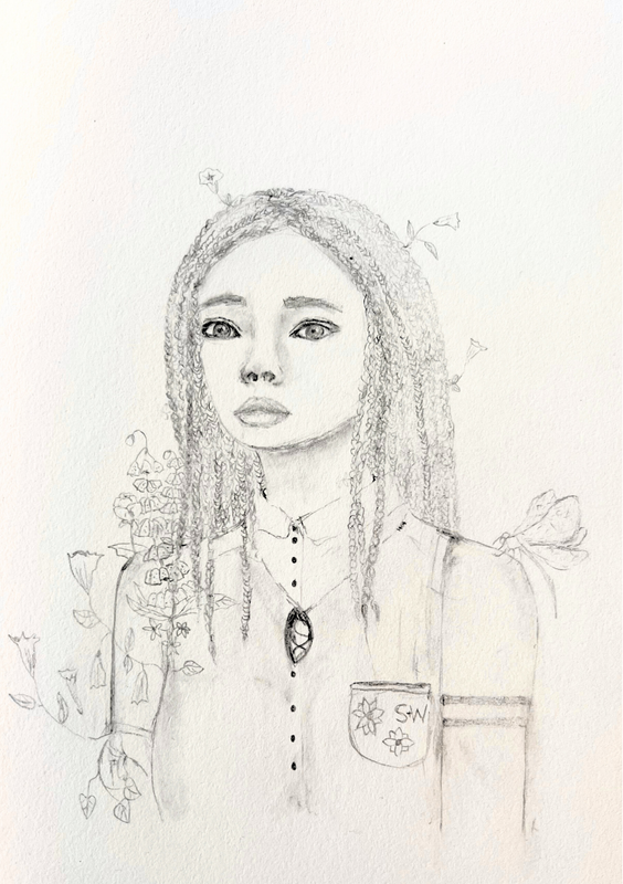 Graphite portrait of a girl with braids and a school-style shirt with S+W on the pocket