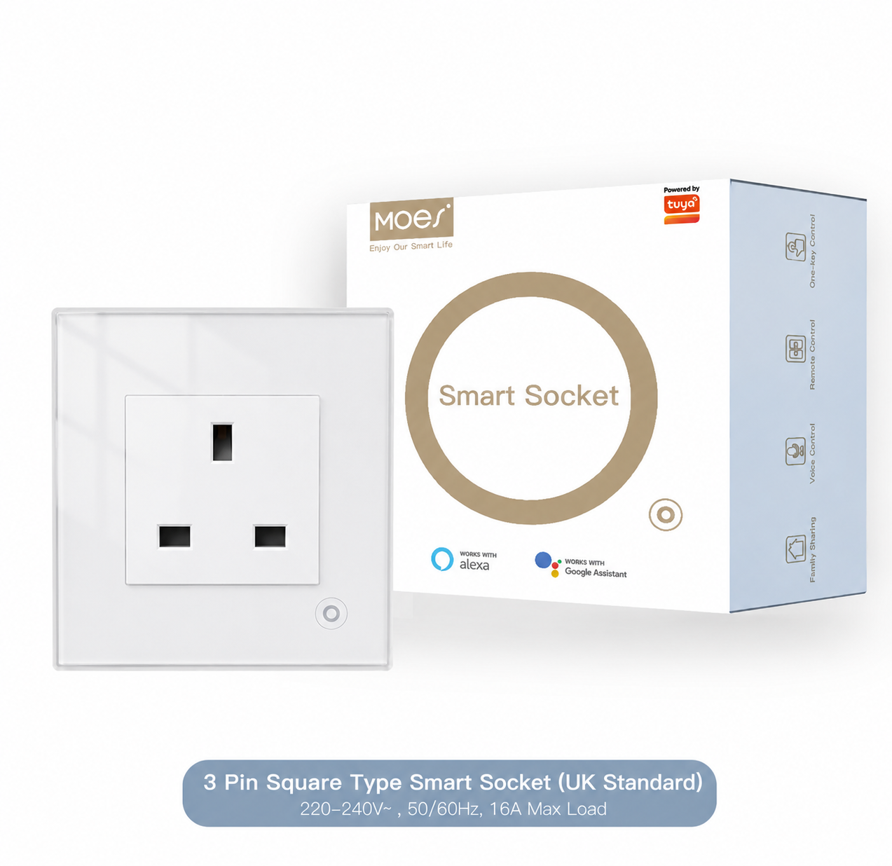 Moes Luxury 3 Pin Square Smart Socket (UK Standard) – 16A 220-240V | Black & White Glass Panel thumbnail 2 - Smart Switch Lanka