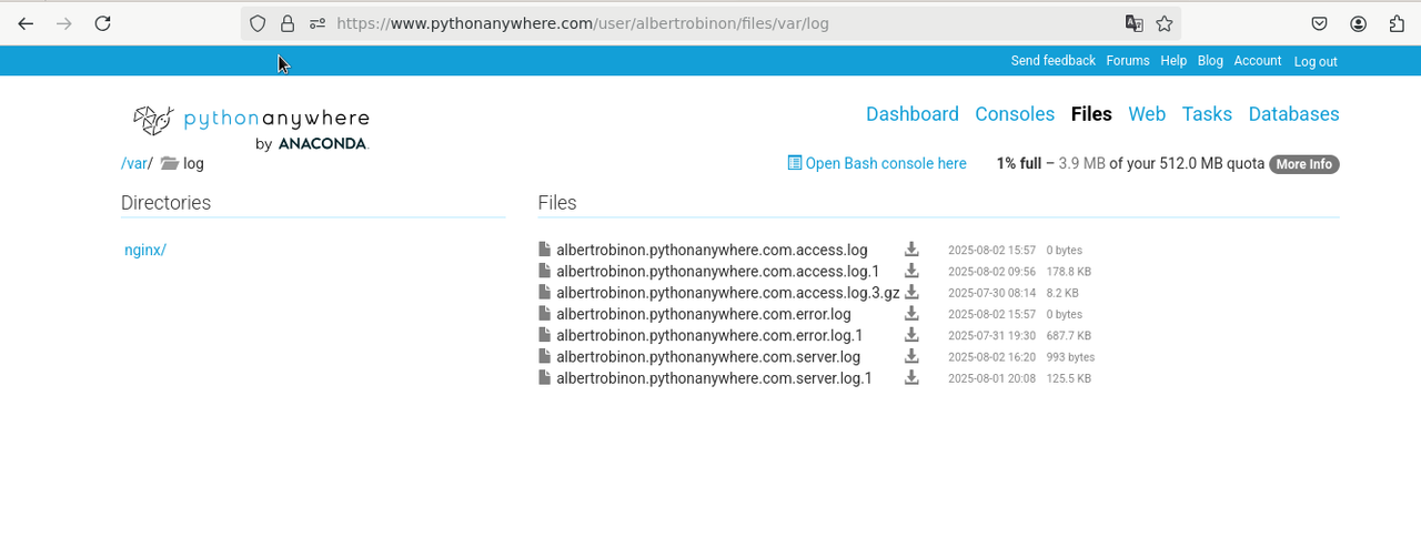 logs of python anywhere