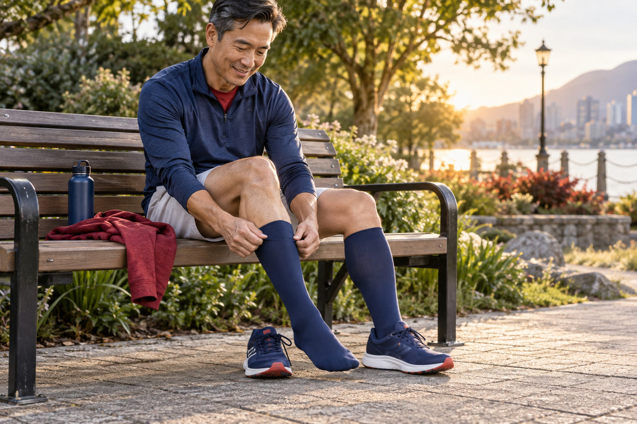 Man wearing targeted support socks during recovery