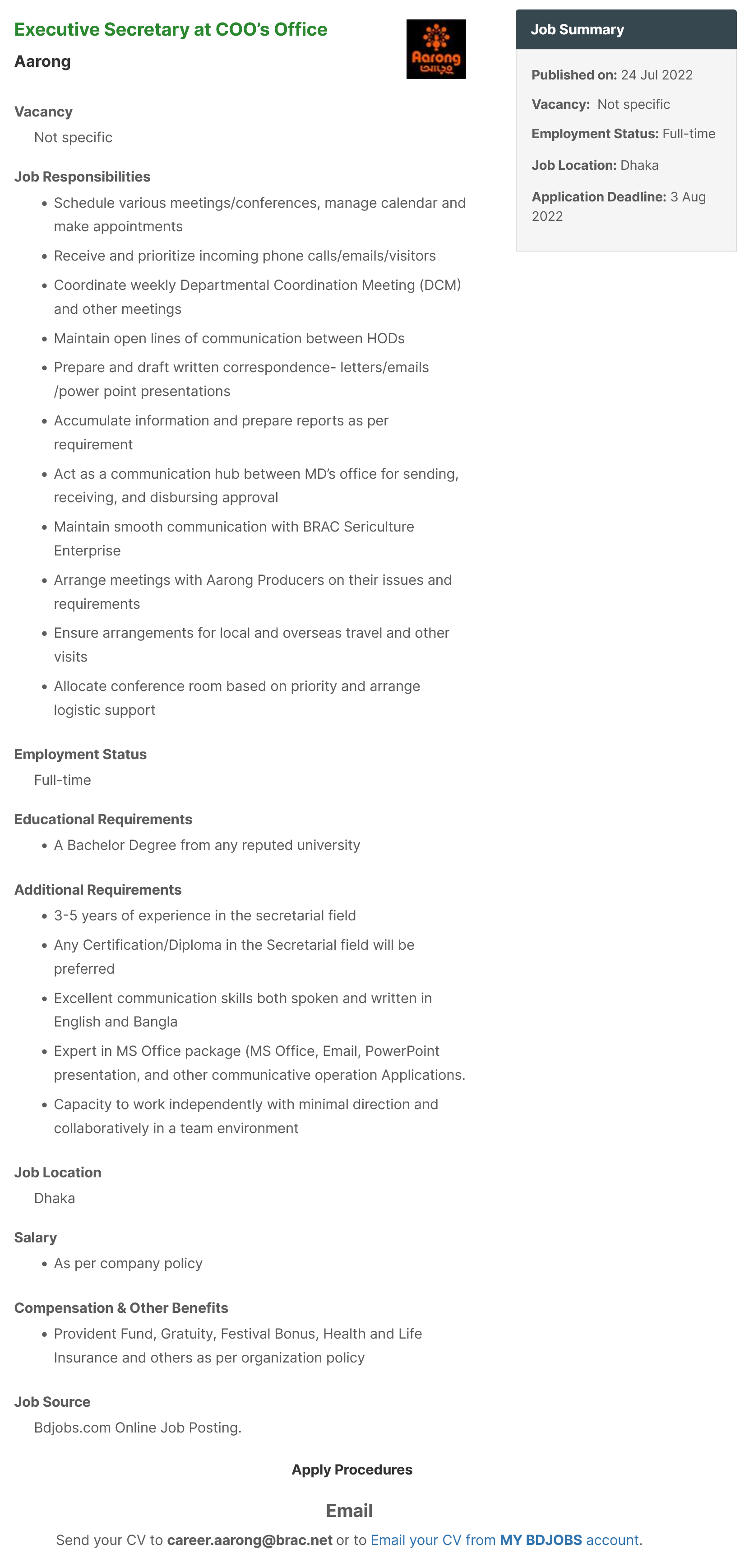 Aarong Job Circular 2022