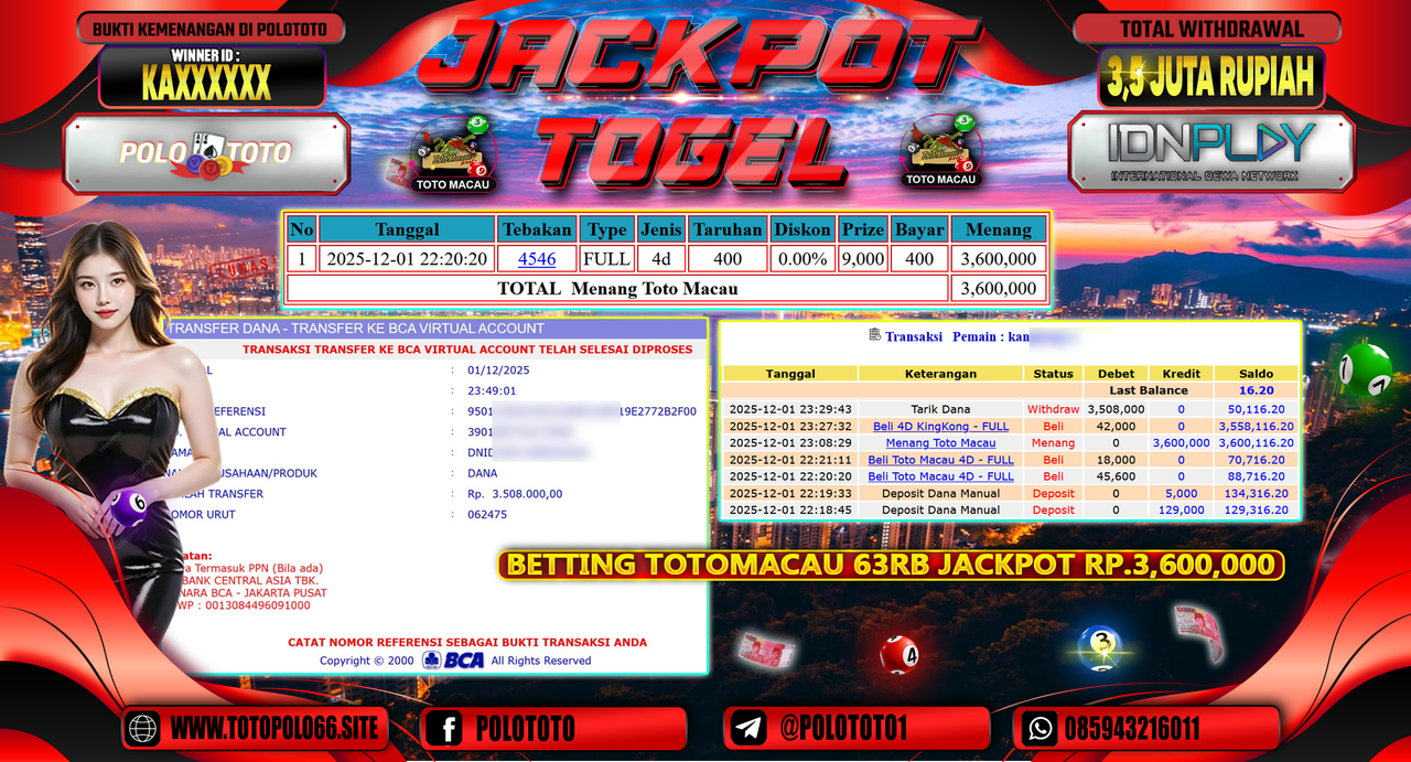POLOTOTO JACKPOT TOGEL MENANG TOTO MACAU Rp.3.5000.000,- LUNAS
