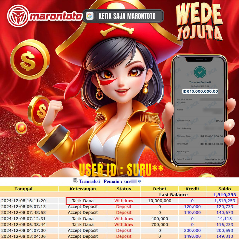 Bukti Kemenangan Member Marontoto Sebesar 10 JUTA