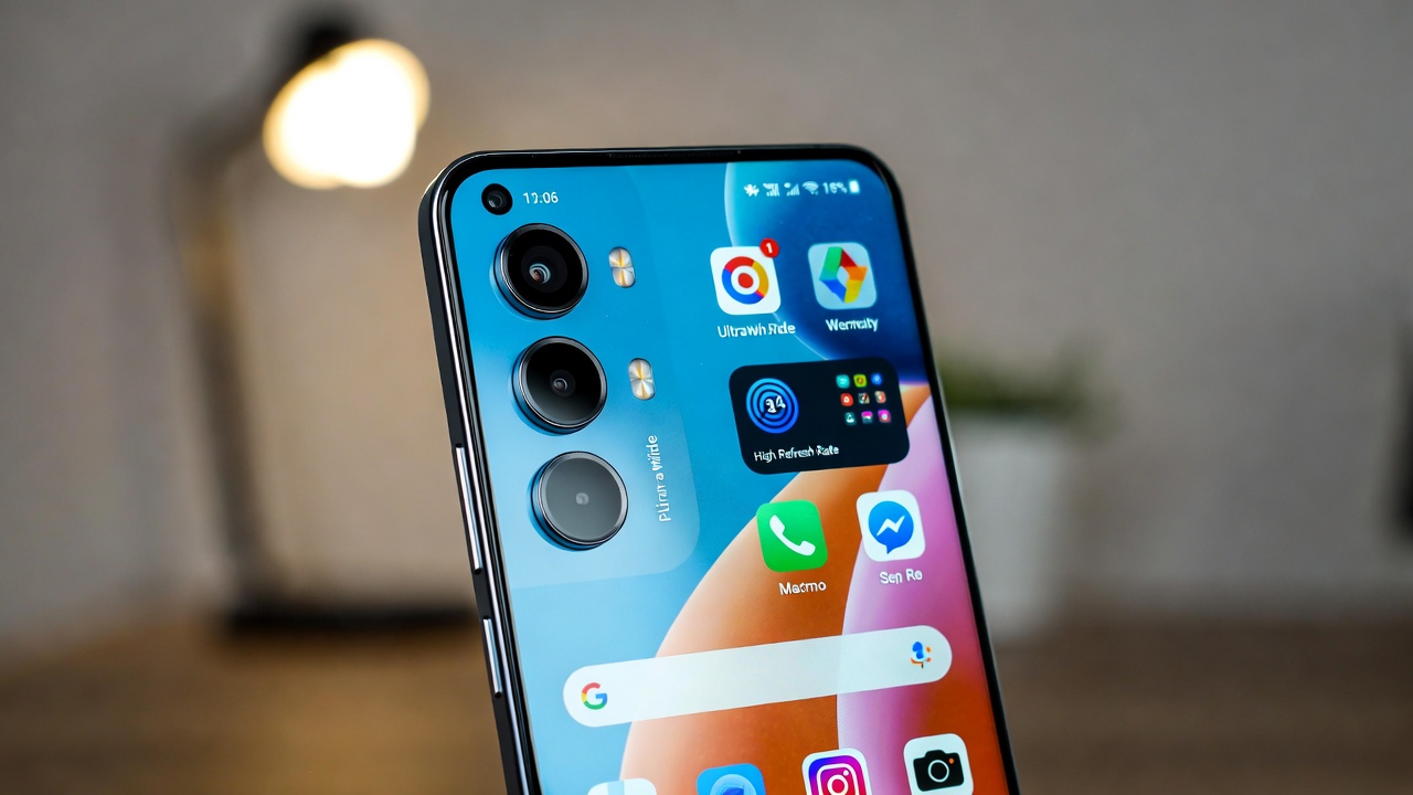 Modern budget smartphone showing premium features like high refresh rate display and multiple camera lenses