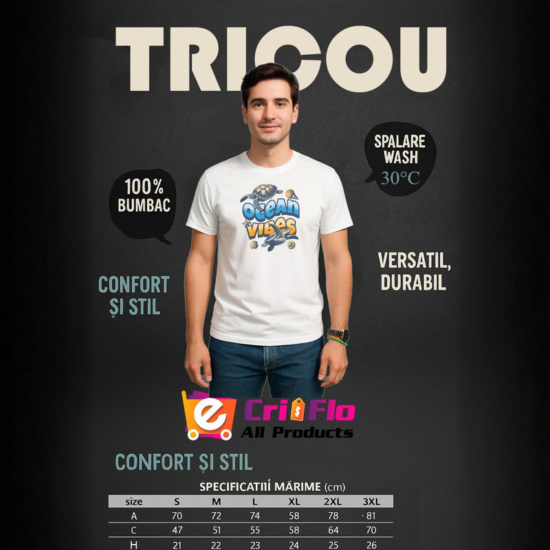 Tricou Ocean vibes (2), Barbat, 100% bumbac, Cri-Flo, Culoare Alb, Marime M