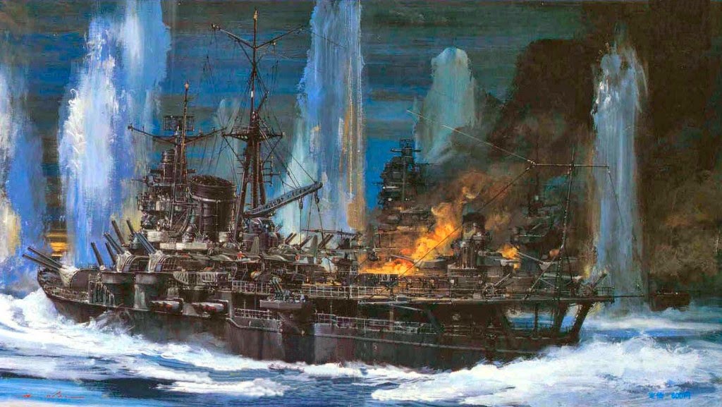 El IJN Mogami y el IJN Yamashiro, ya dañados, se lanzan contra la línea de cruceros y acorazados que le cortan el paso. Batalla del Estrecho de Surigao