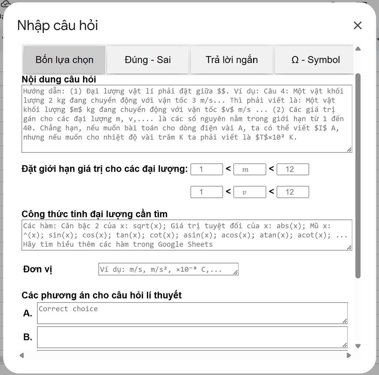 Giao diện tạo bản in đề thi trong Random Quiz