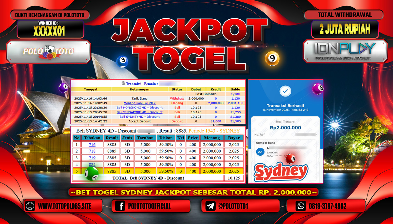 POLOTOTO JACKPOT TOGEL MENANG POOL SYDNEY Rp.2.000.000,- LUNAS