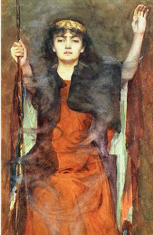 A priestess surrounded by smoky dark mists