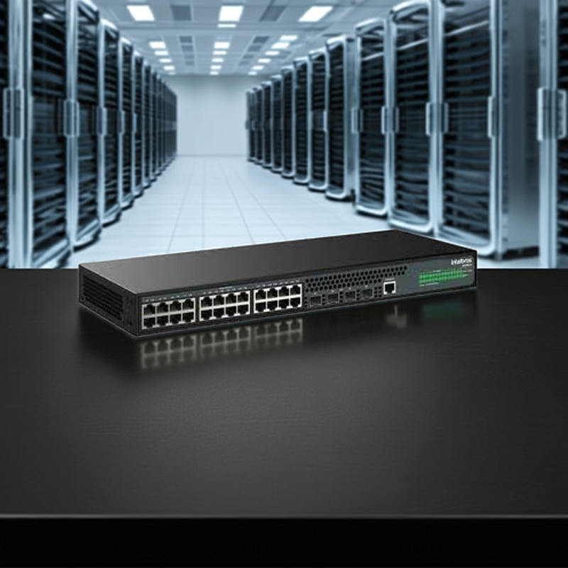 Visão frontal do Switch Intelbras S2328G-PA com LEDs indicativos.
