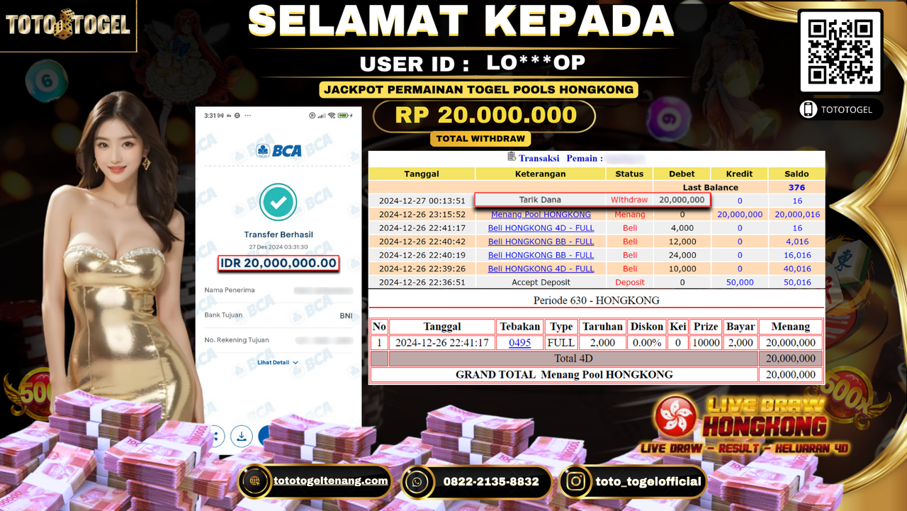 Bukti Pembayaran Jackpot  Permainan Togel Pools Hongkong  : LO***OP LUNAS