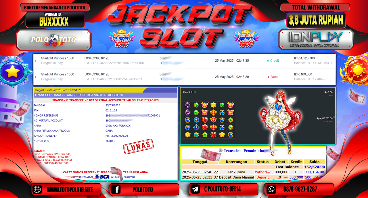 POLOTOTO JACKPOT SLOT STARLIGHT PRINCESS 1000 Rp.3.800.000,-