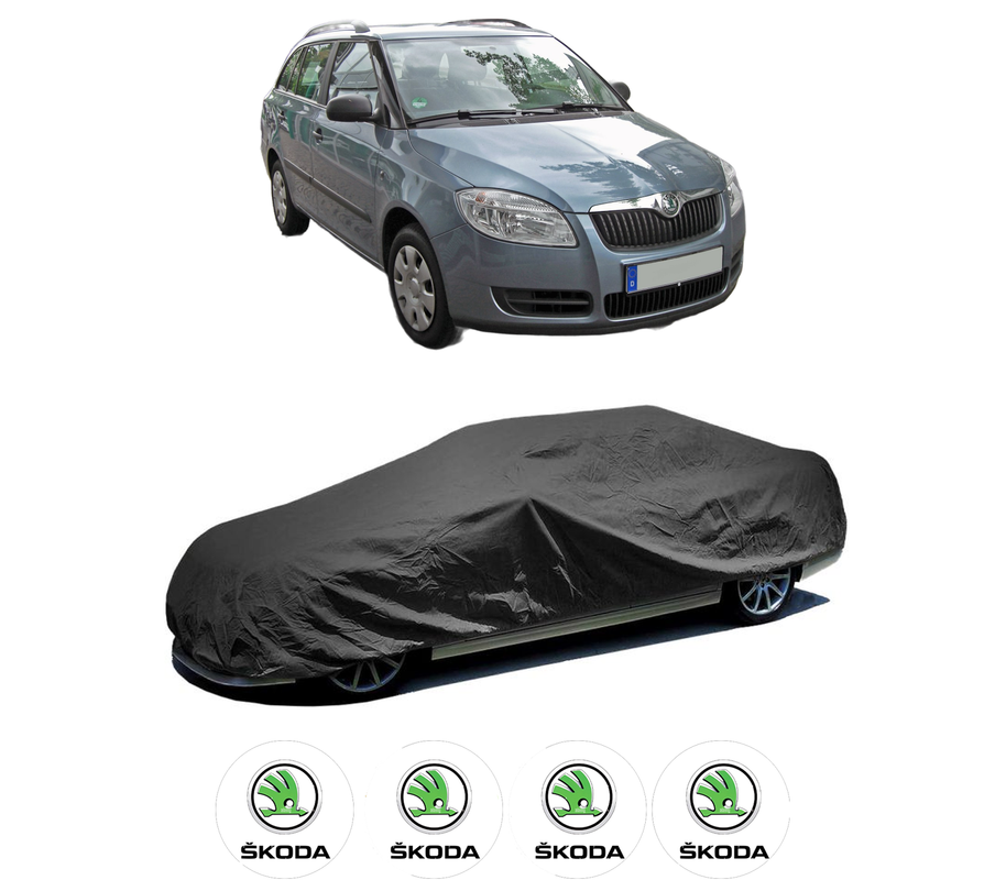 Husa tip prelata auto pentru SKODA FABIA II Combi (545) din 2007-2014, Culoare Negru, material textil impermeabil, rezistanta la intemperii praf UV, CARPASSION Husa Protectie, 4 Stickere auto cu SKODA