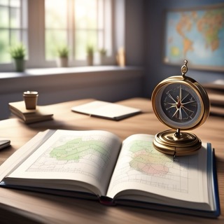 Flat lay of a writer’s notebook open beside a vintage map and compass on a wooden desk, symbolizing the connection between story plotting and structure. Soft lighting and warm tones create a thoughtful, creative atmosphere.