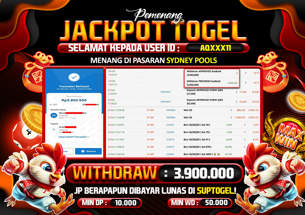  BUKTI KEMENANGAN 24 OCTOBER 2025 MENANG DI TOGEL SYDNEY POOLS 3.9JT