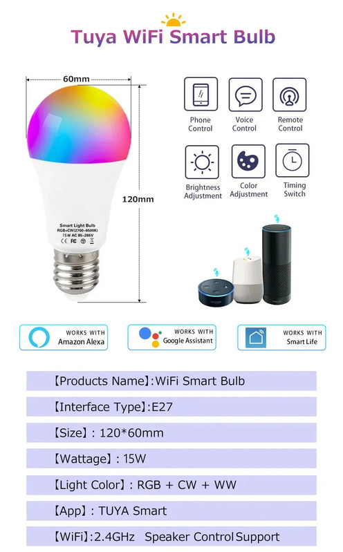 Tuya Wi-Fi Smart 15W  LED Bulb E27 | RGB + CCT Dimmable Magic Light thumbnail 10 - Smart Switch Lanka