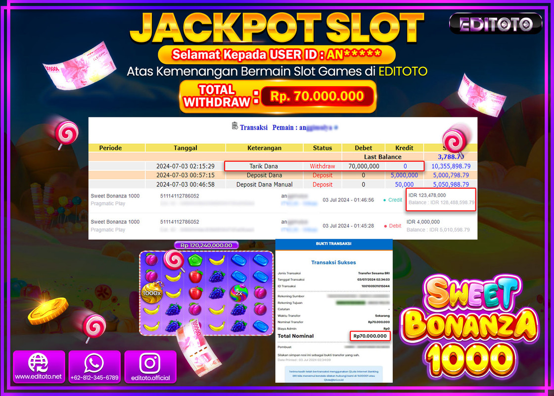 JACKPOT  SLOT EDITOTO SWEET BONANZA 1000 Rp.70.000.000.,- LUNAS