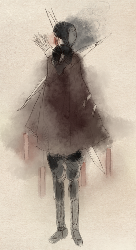 A robot, Blink, standing still. They have a pink cloak on, and their limbs are mismatched or from various models.