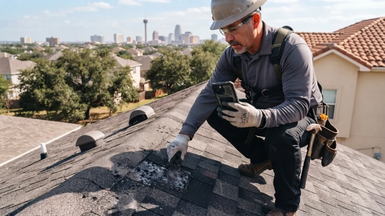 Roofing contractor inspecting hail damage on San Antonio home documenting with photos for insurance claim