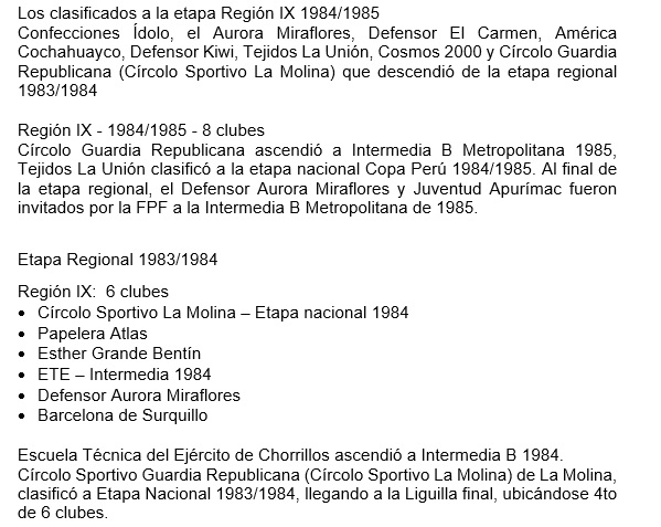 Liga Mayor de Lima y Regió IX 1984 parte 2