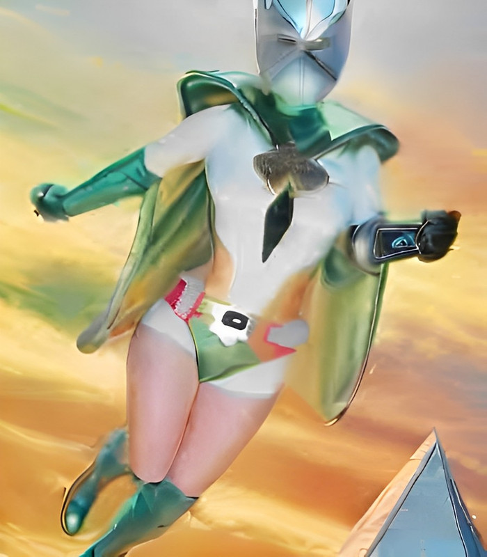 Lana Lang as Gravity Girl - wearing a white costume with green gloves, boots, and cape, her magical belt, and a lead helmet that covers her entire head