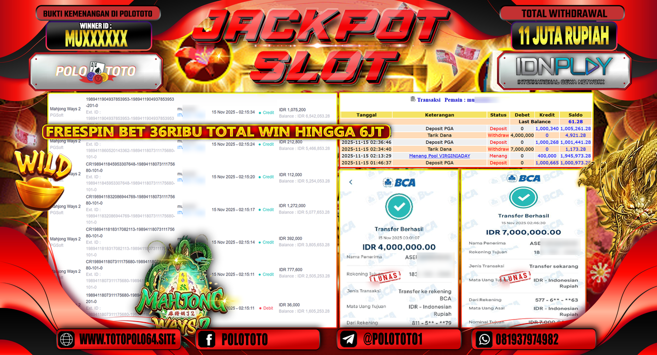 POLOTOTO JACKPOT SLOT MAHJONG WAYS 2 Rp.11.000.000,- LUNAS