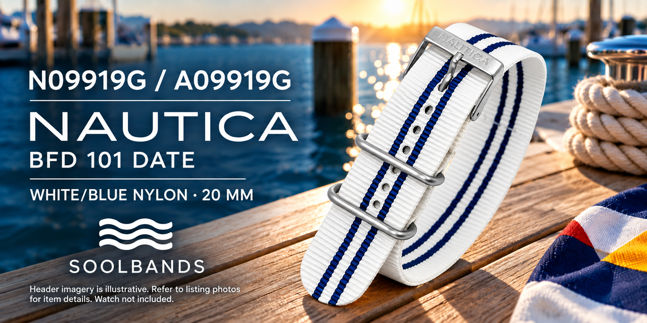 Nautica BFD 101 Date N09919G A09919G white and blue nylon strap header