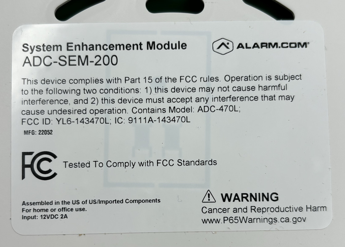 ALARM.COM ADC-SEM-200 ADC-SEM220-PS-VZ DUAL PATH SYSTEM ENHANCEMENT MOD VERIZON