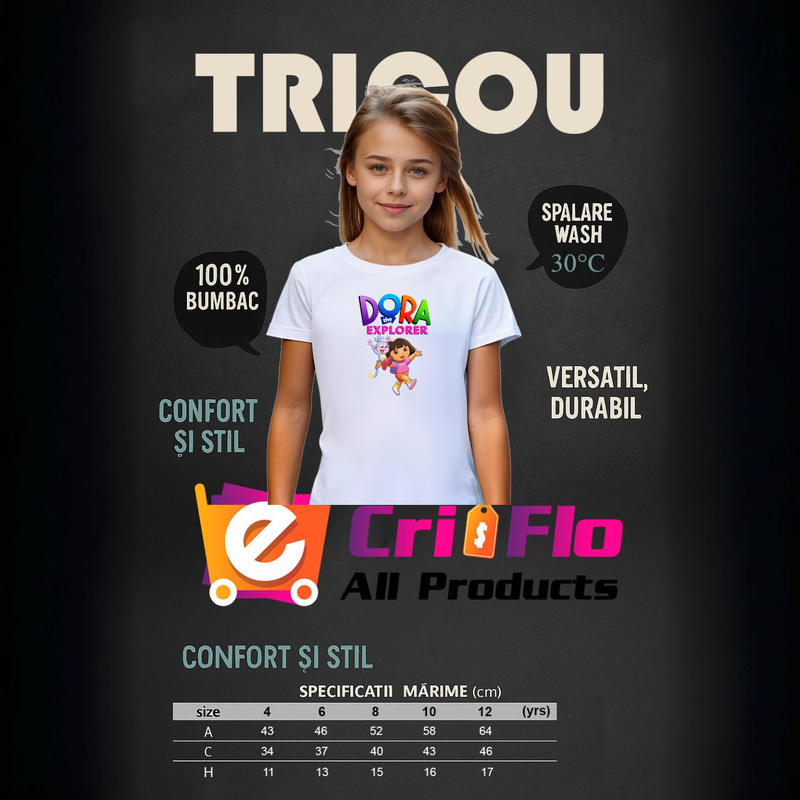 Tricou Dora exploratoarea fetita curajoasa in aventuri educative alaturi de boots, Copii, 100% bumbac, Cri-Flo, Culoare Alb, Marime 3-4 ani, 110 CM