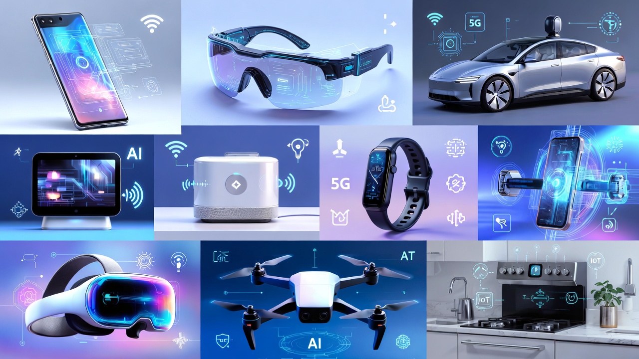 Collage of emerging tech devices and trends expected to define consumer technology in 2026