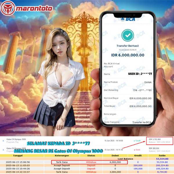 Bukti Kemenangan Member Marontoto Sebesar 6,000,000 JuTa