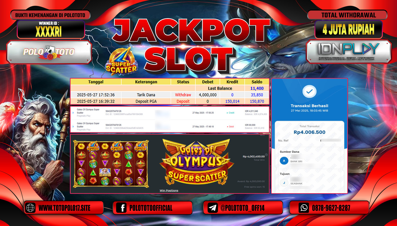 POLOTOTO JACKPOT SLOT GATES OF OLYMPUS SUPER SCATTER Rp.4.000.000,-