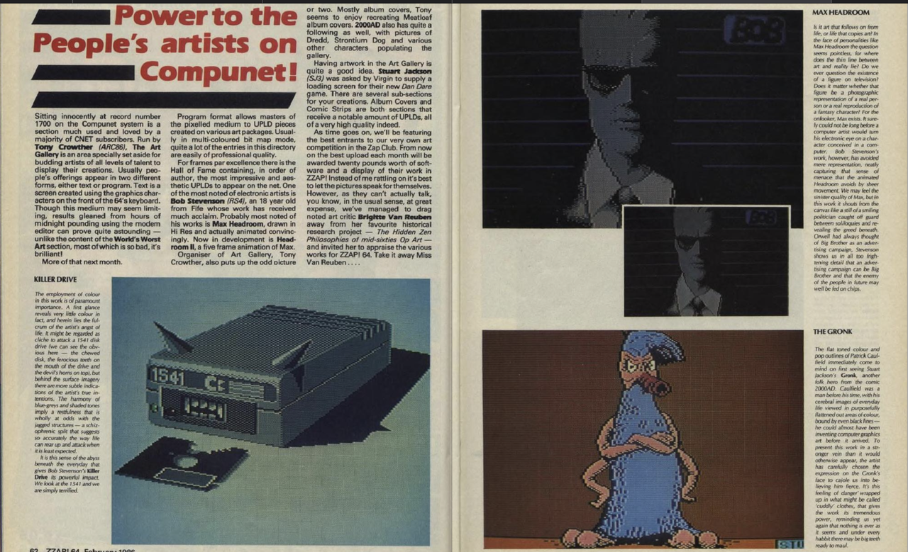 Scans of Zzap!64 magazine discussing Compunet's art section. The pages are filled with art created on Commodore 64 computers