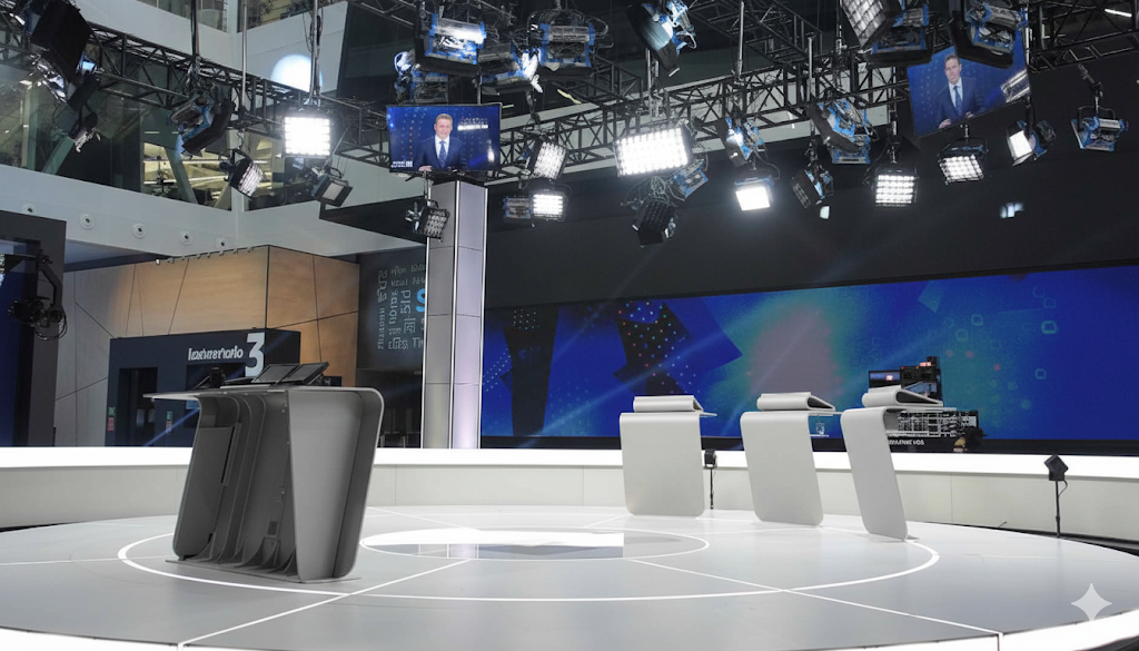 Image d’illustration d’un plateau télévisé pour débat politique. Image d’illustration d’un plateau télévisé pour débat politique.