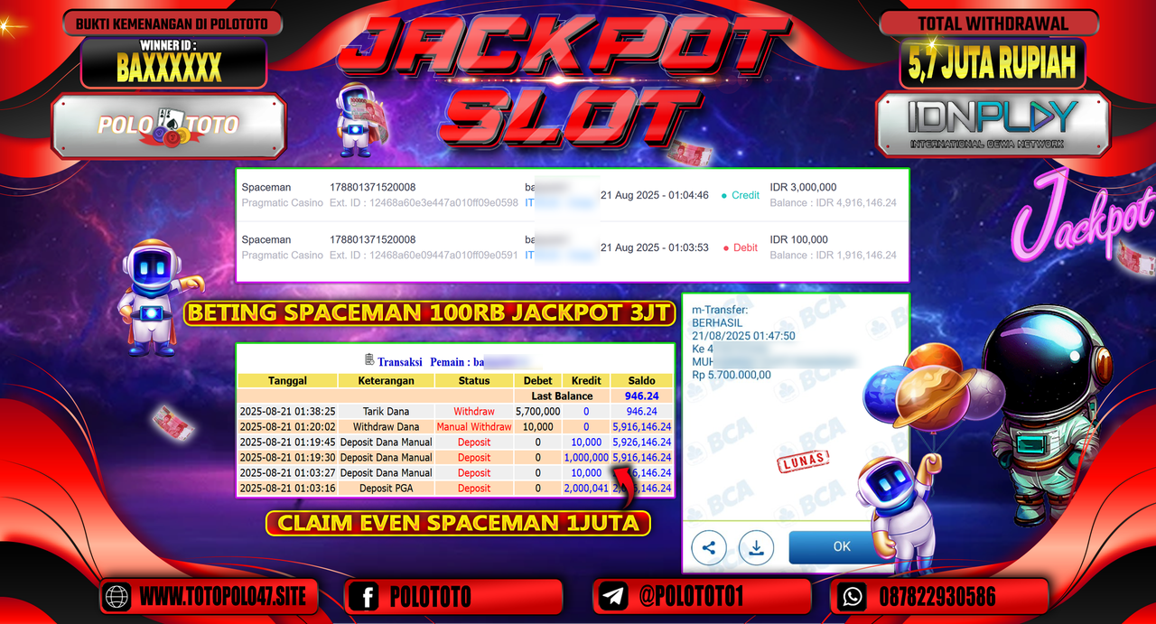 POLOTOTO JACKPOT SLOT SPACEMAN Rp.5.700.000,-