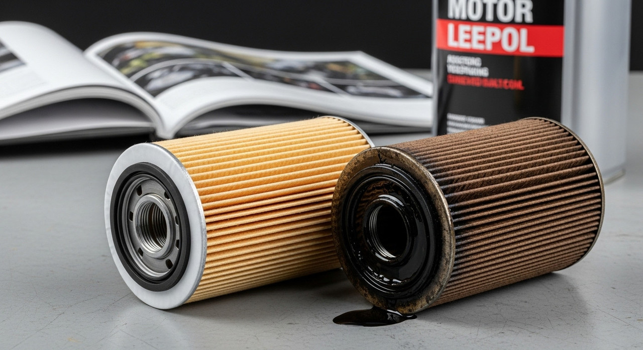 Сравнение нового оригинального масляного фильтра и старого, грязного фильтра