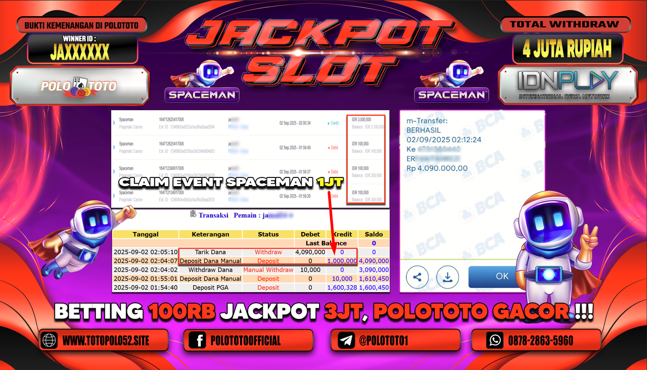 POLOTOTO JACKPOT SLOT SPACEMAN Rp.4.090.000,-