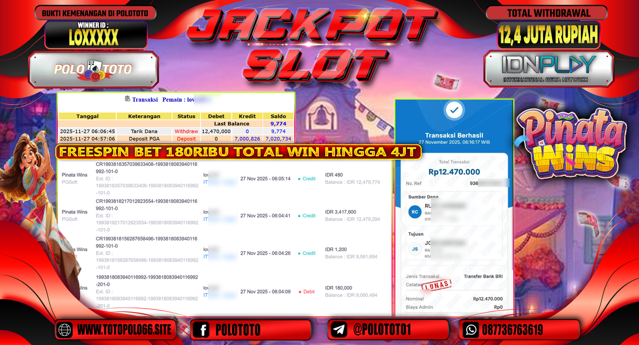 POLOTOTO JACKPOT SLOT PINATA WINS Rp.12.400.000,- LUNAS