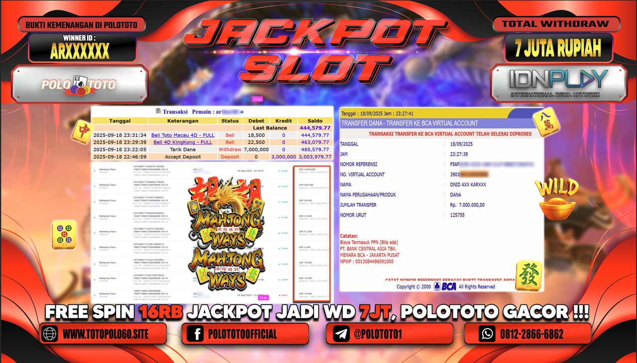 POLOTOTO JACKPOT SLOT MAHJONG WAYS Rp.7.000.000,-
