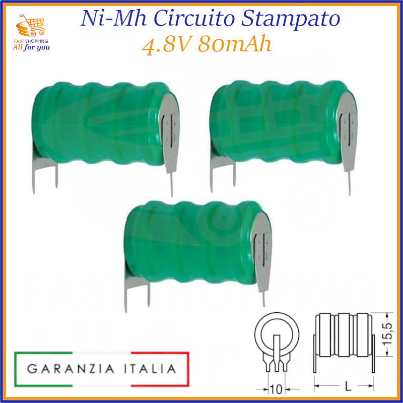 Kit 3 Pezzi Batterie Ricaricabili Ni-MH 4.8V 80mAh per Circuito Stampato